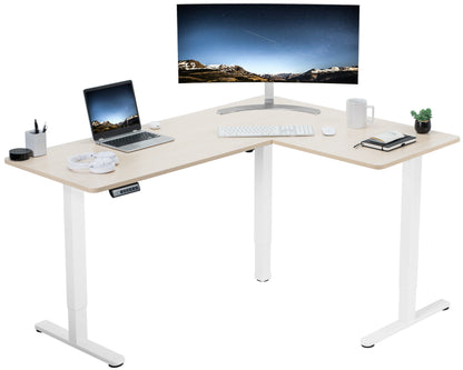 Electric heavy-duty corner desk workstation for modern office workspaces.