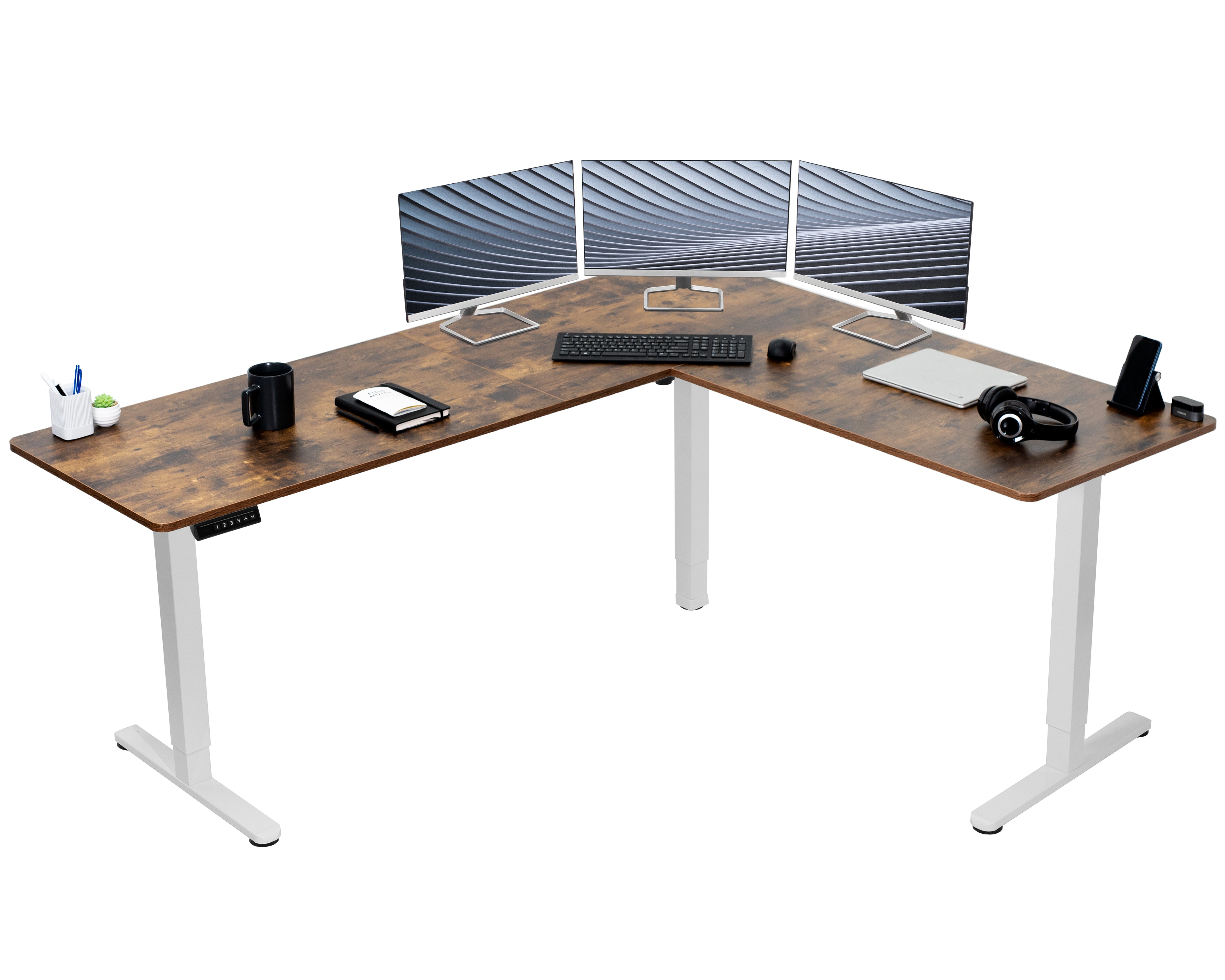 Electric heavy-duty, rustic corner desk workstation for modern office workspaces.