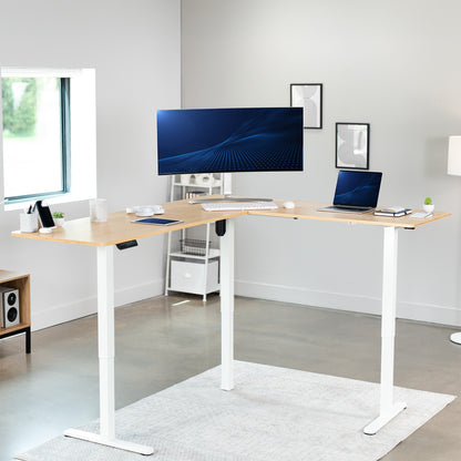 Electric heavy-duty real bamboo corner desk workstation for modern office workspaces. 