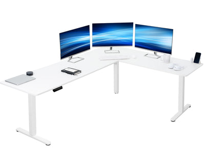 Electric heavy-duty large corner desk workstation for modern office workspaces.