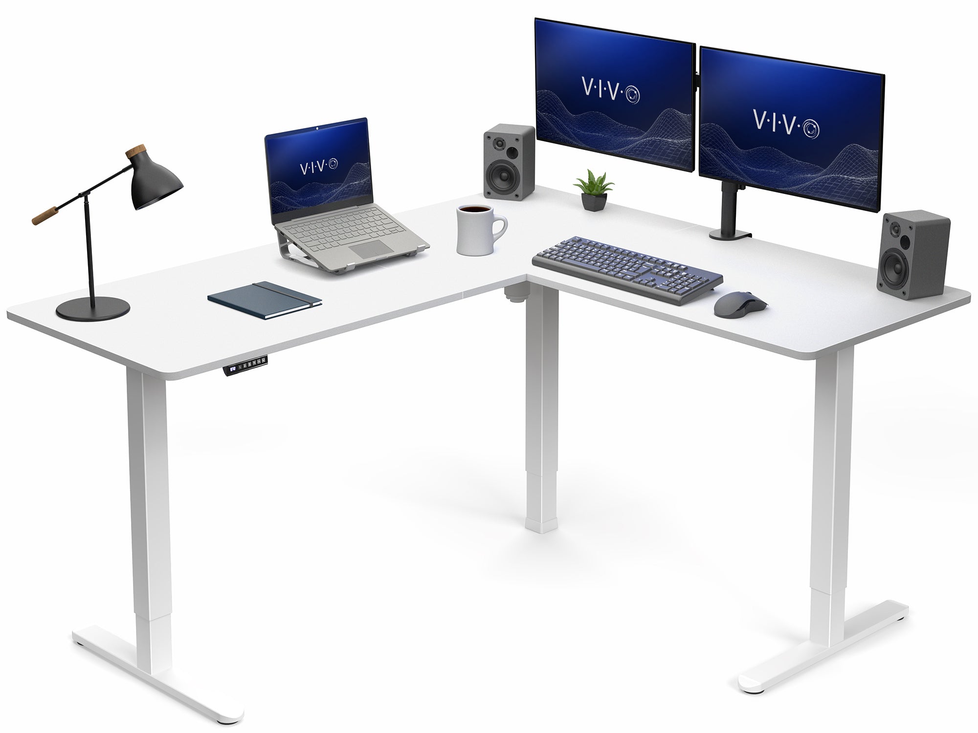 White L-shaped desk with computer setup including two monitors, laptop, keyboard, and speakers on a white background.