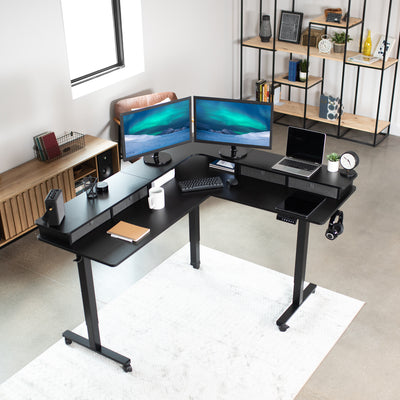 Sit to stand L-shaped corner office desk with 4 storage drawers.