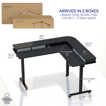 Dual-tier height adjustable electric corner desk with built-in shelving