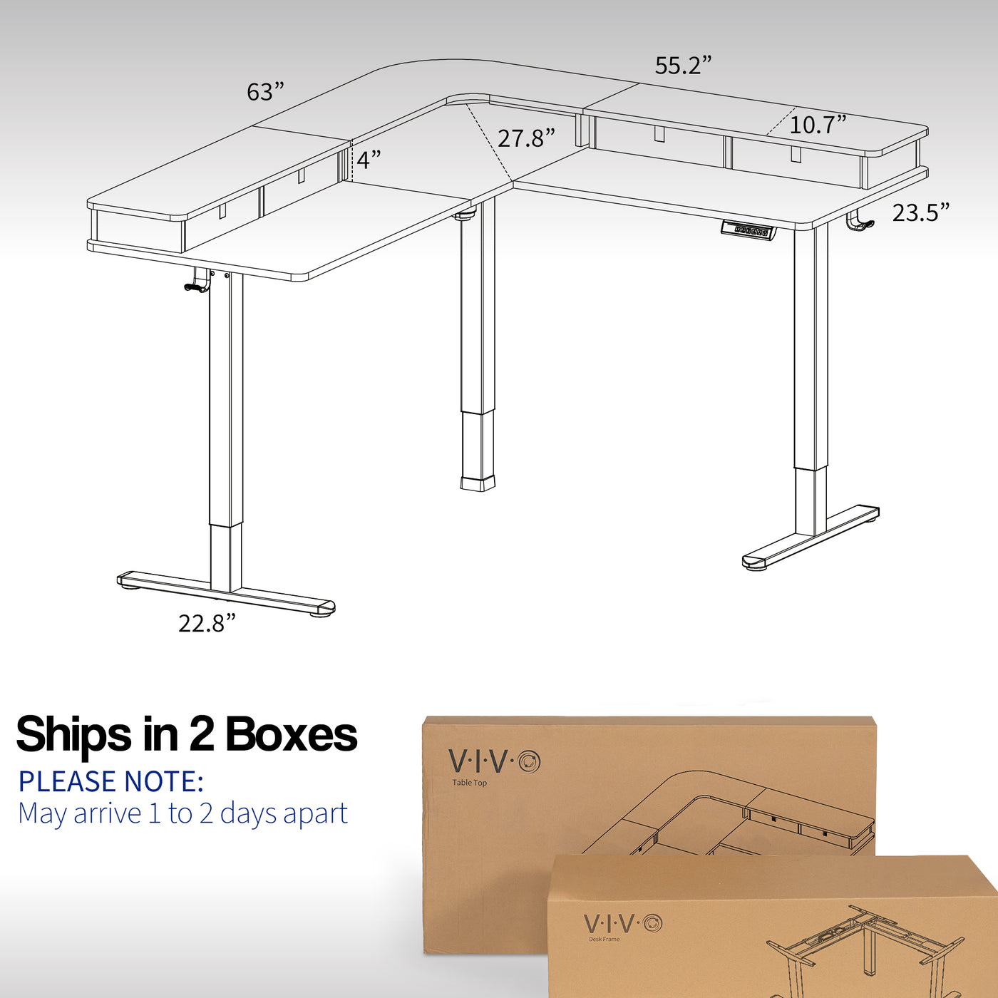 Please note the desk will arrive in two boxes and have the potential to arrive at separate times.