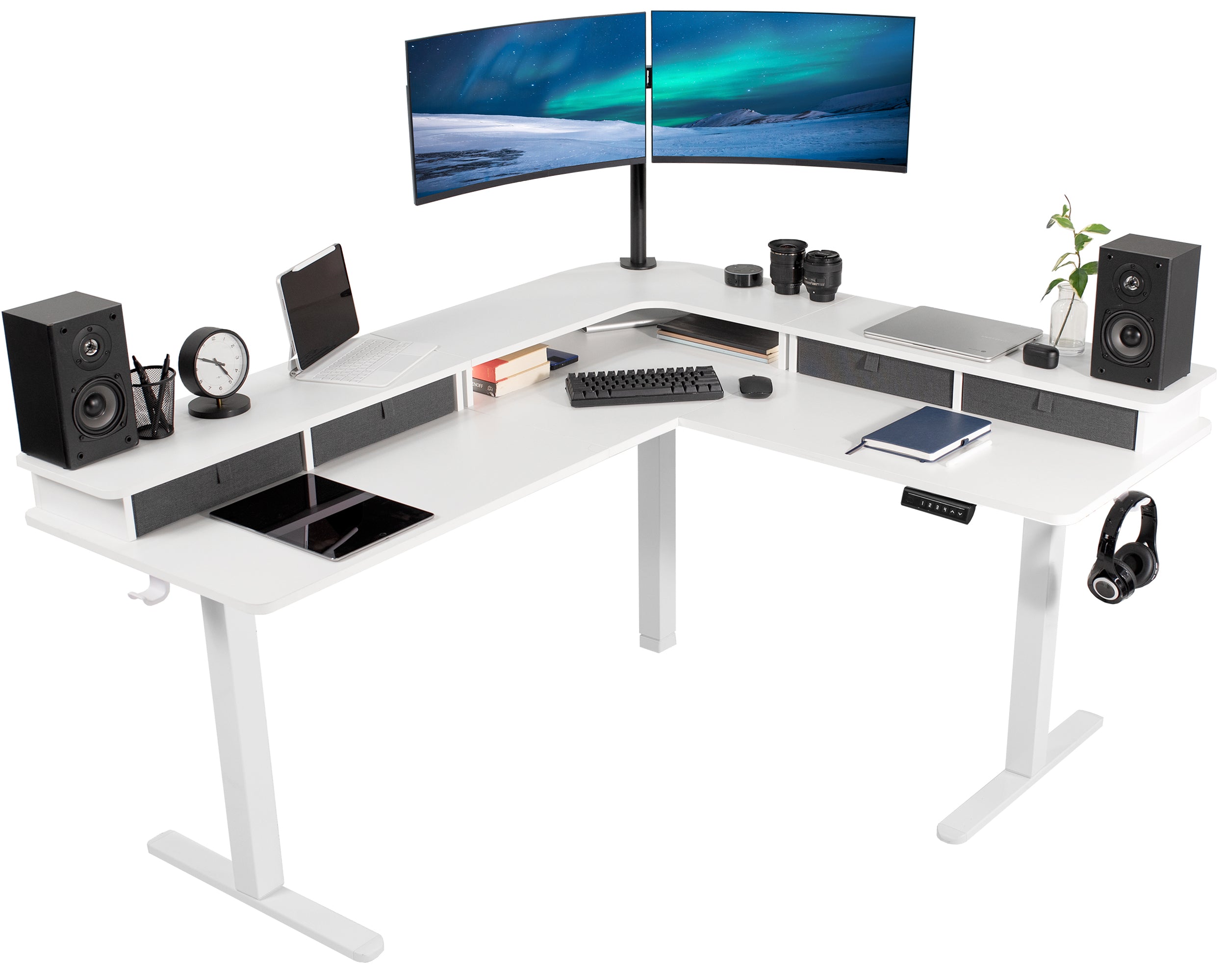 Dual-tier height adjustable electric corner desk with built-in shelving