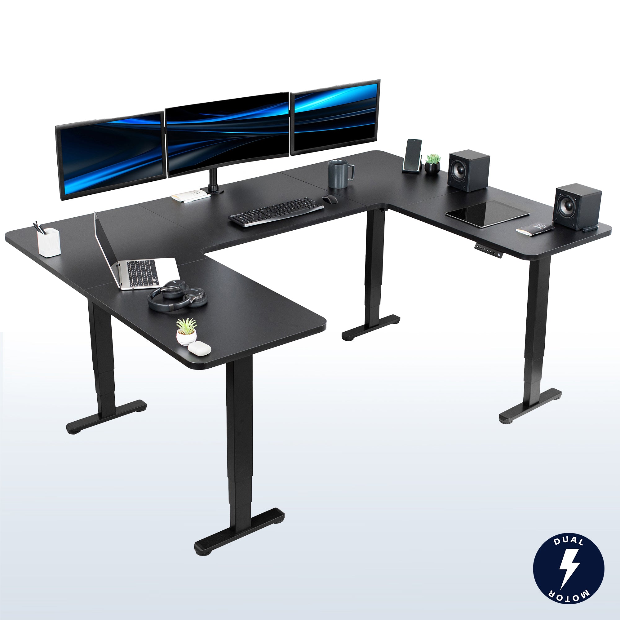 Heavy-duty spacious height adjustable U-shaped electric desk with programmable memory controller.