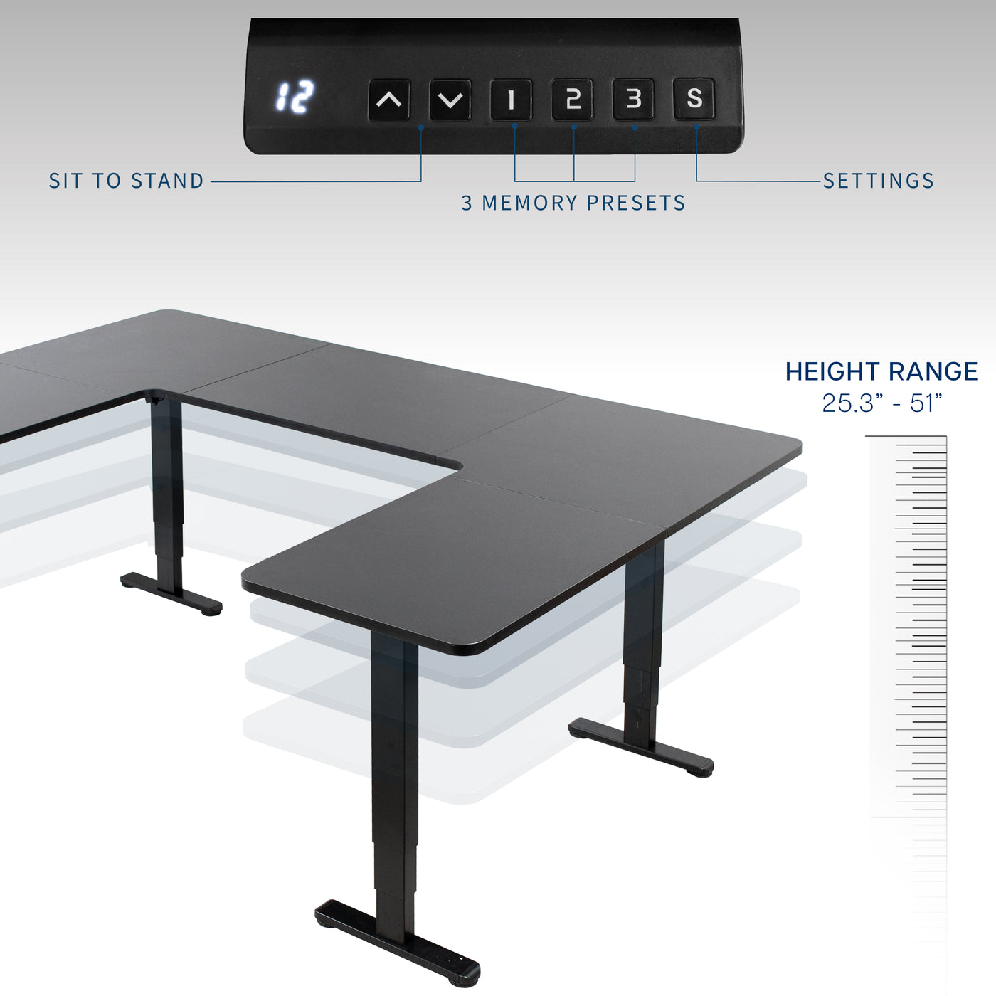 Heavy-duty spacious height adjustable U-shaped electric desk with programmable memory controller.