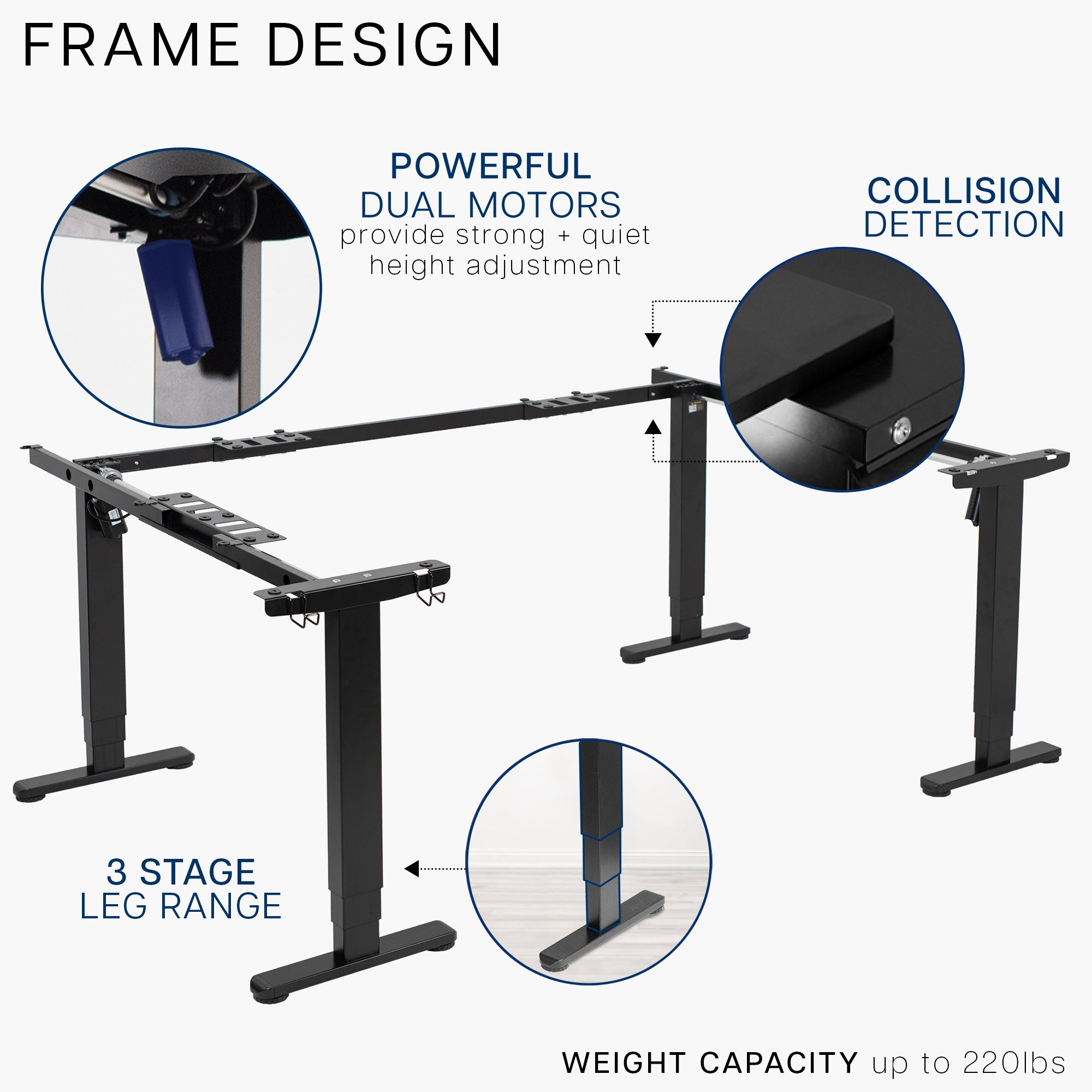 Heavy-duty spacious height adjustable U-shaped electric desk with programmable memory controller.