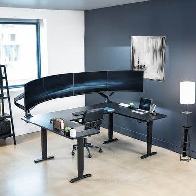 Heavy-duty spacious height adjustable U-shaped electric desk with programmable memory controller.