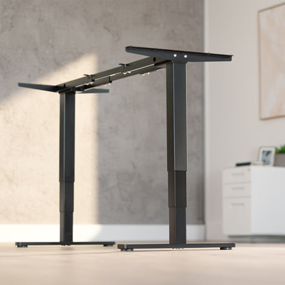 Electric height adjustable dual motor desk frame with programmable memory controller.