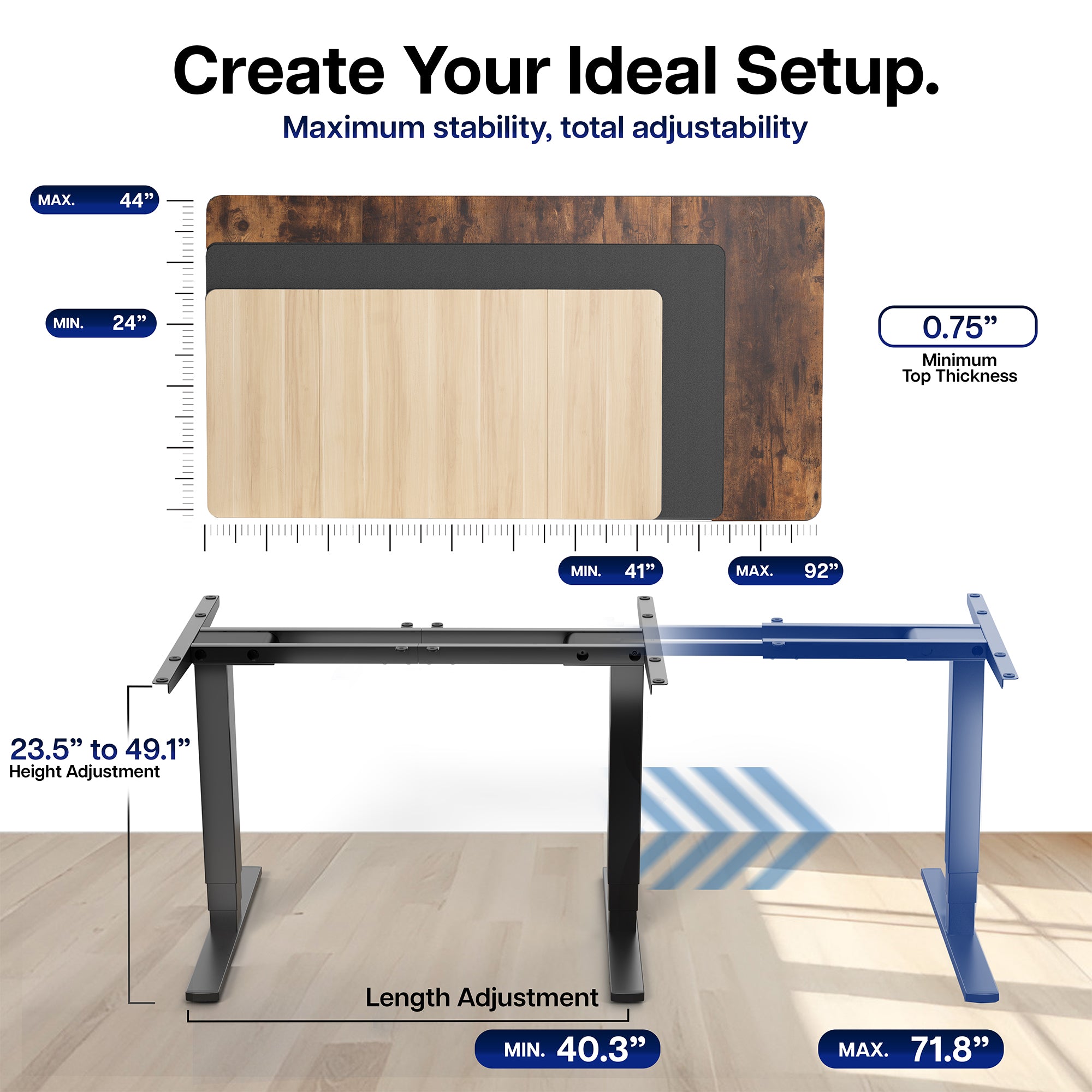 Electric height adjustable dual motor desk frame with programmable memory controller.