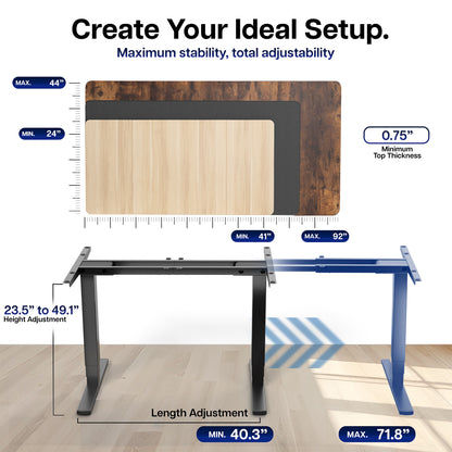 Electric height adjustable dual motor desk frame with programmable memory controller.