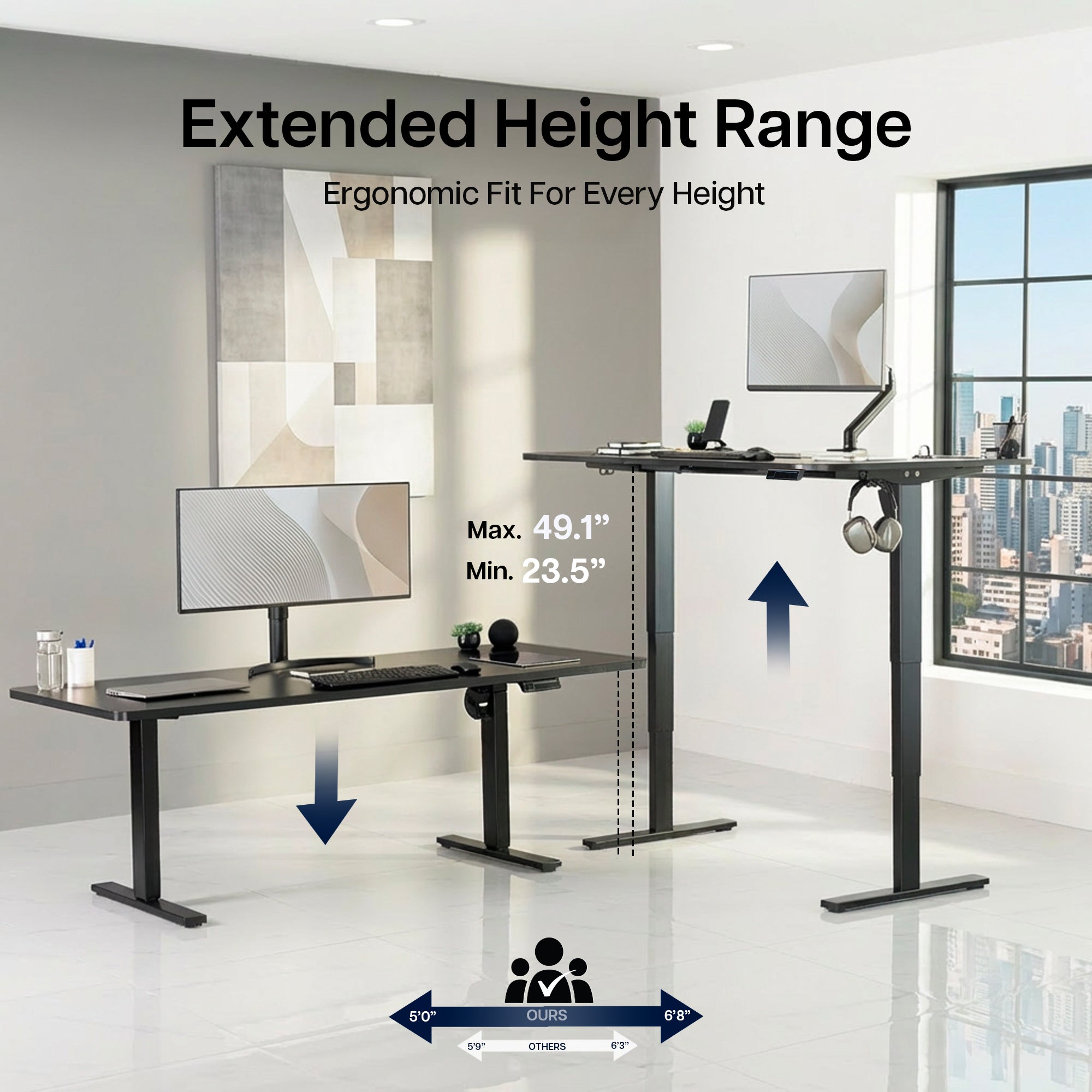 Electric height adjustable dual motor desk frame with programmable memory controller.