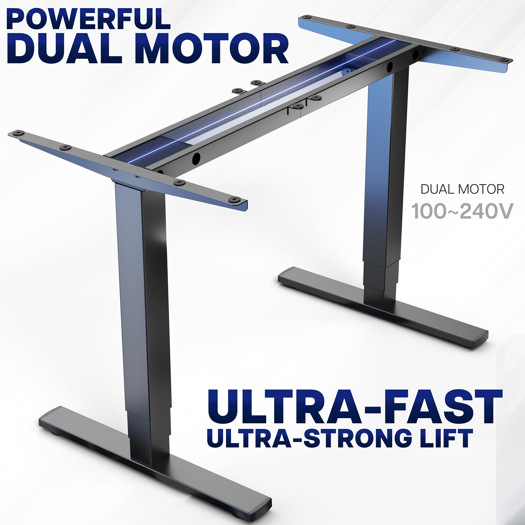 Electric height adjustable dual motor desk frame with programmable memory controller.
