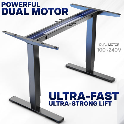 Electric height adjustable dual motor desk frame with programmable memory controller.