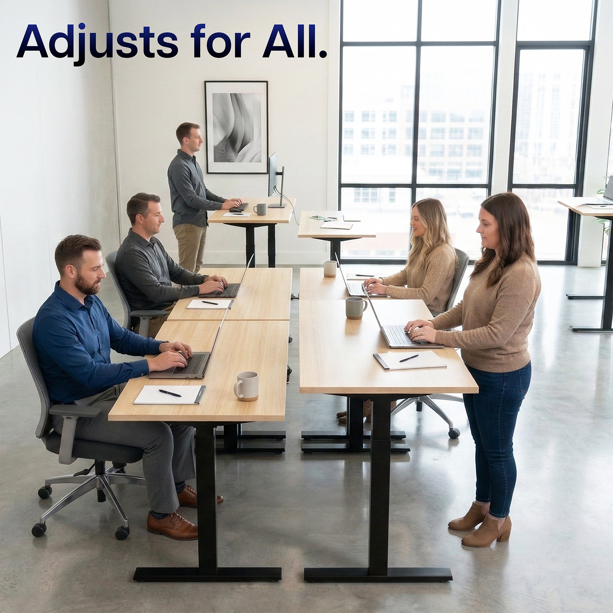 Electric height adjustable dual motor desk frame with programmable memory controller.