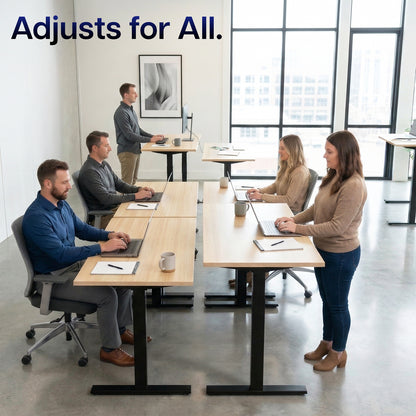 Electric height adjustable dual motor desk frame with programmable memory controller.