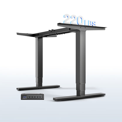 Electric height adjustable dual motor desk frame with programmable memory controller.