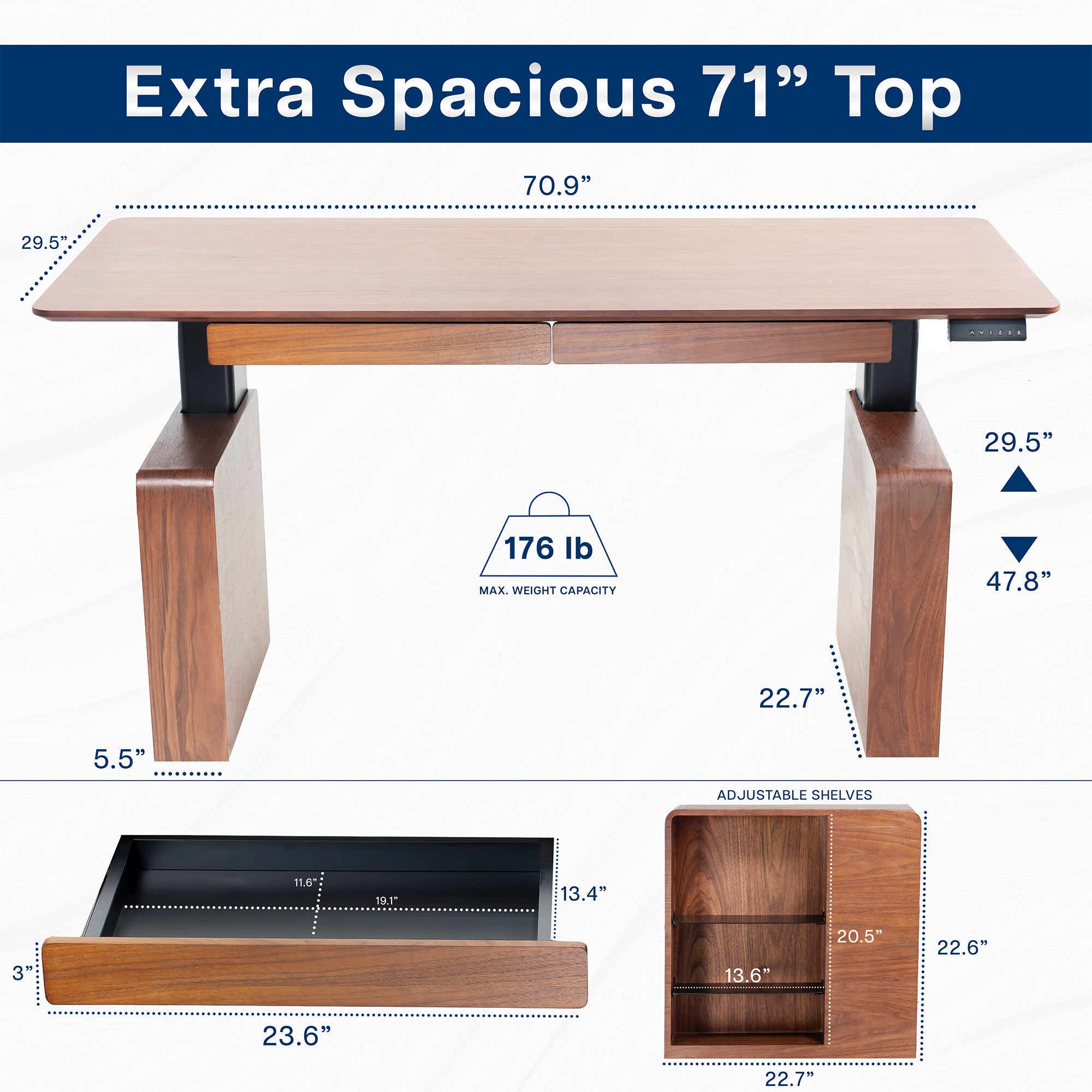 Walnut 72" x 30" Electric Executive Desk with Storage