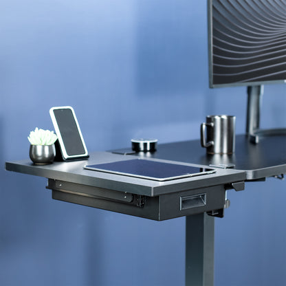 Sturdy sleek clamp-on desk extender with pull-out storage drawer. Can be mounted anywhere on desk.