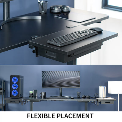 Sturdy sleek clamp-on desk extender with pull-out storage drawer. Can be mounted anywhere on desk.