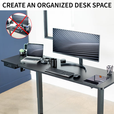Sturdy sleek clamp-on desk extender with pull-out storage drawer. Can be mounted anywhere on desk.