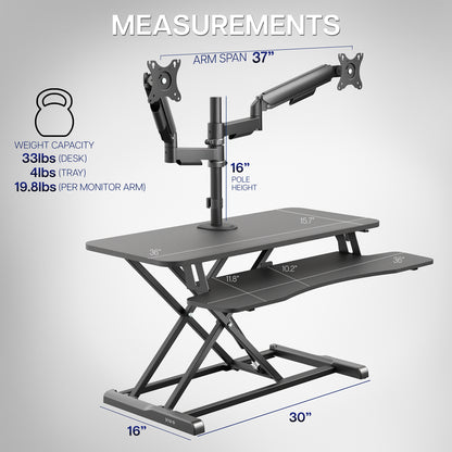 36 inch height adjustable desk riser with articulating mechanical dual monitor mount.