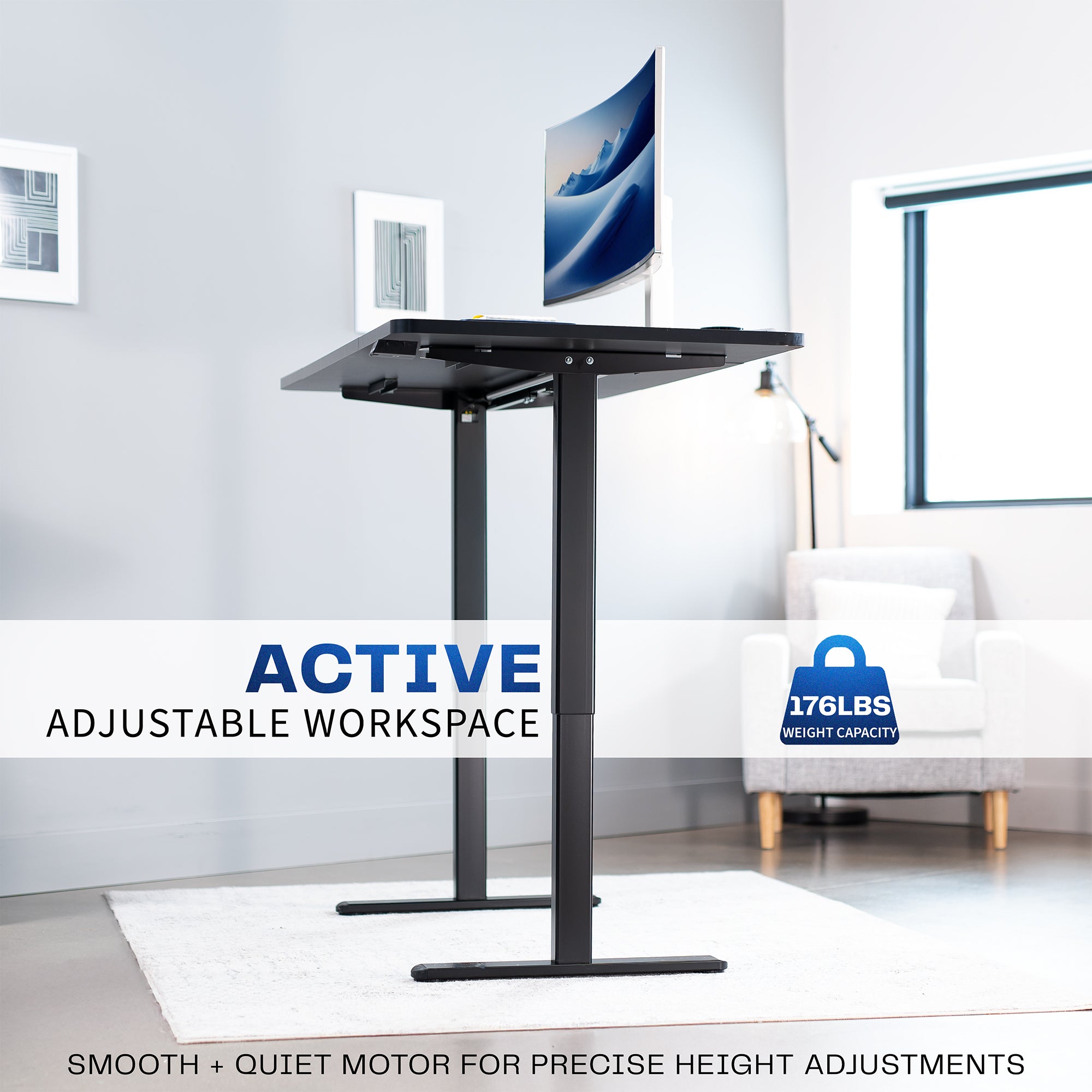 60 x 30 inch electric desk featuring easy height adjustment with the simple 2-button controller