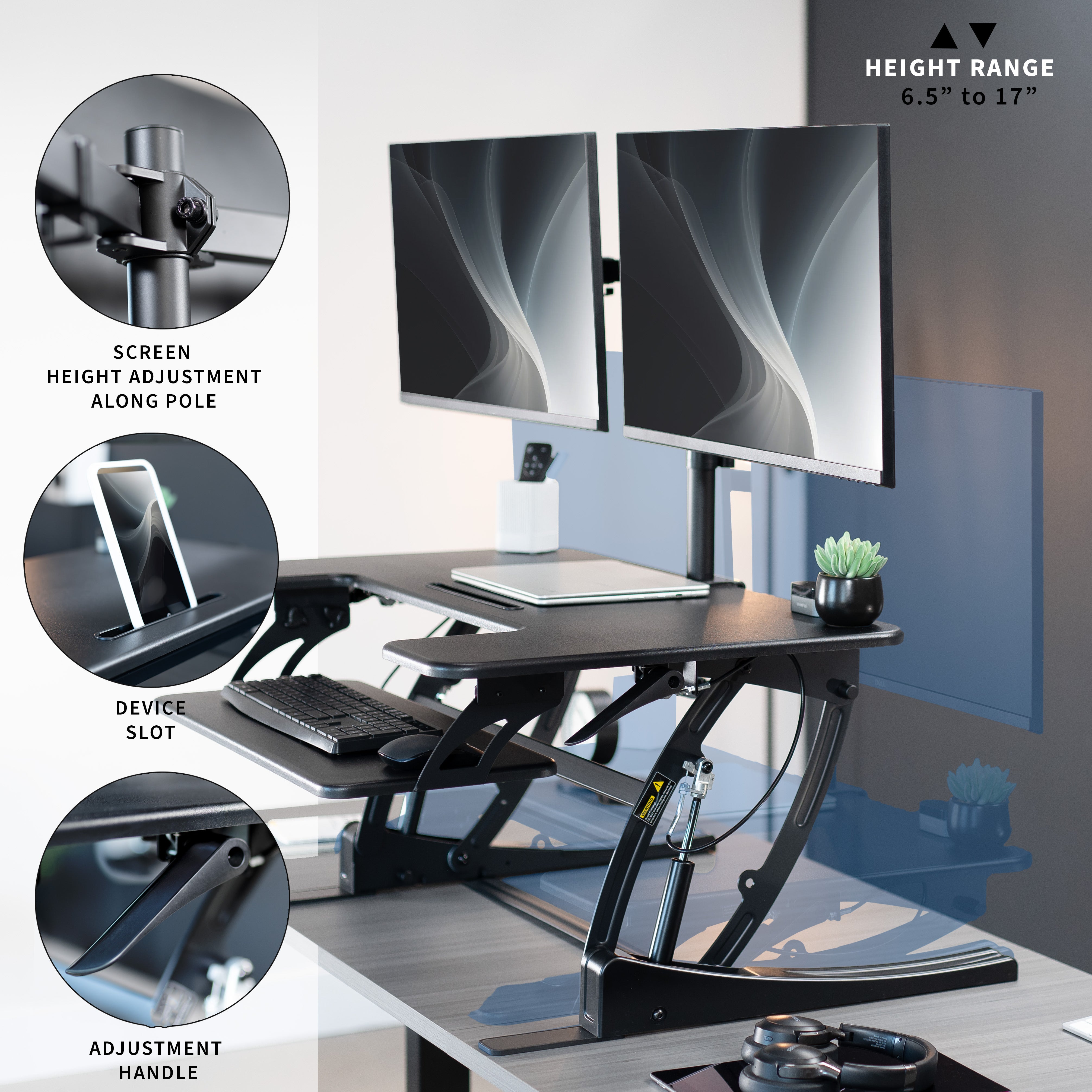 Height adjustable desk riser with articulating dual monitor mount.