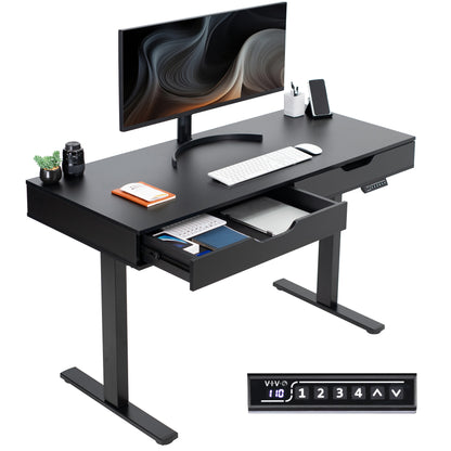 Heavy-duty electric height adjustable desk with drawers, built-in power strip, and memory controller.