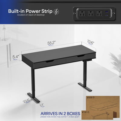 Heavy-duty electric height adjustable desk with drawers, built-in power strip, and memory controller.