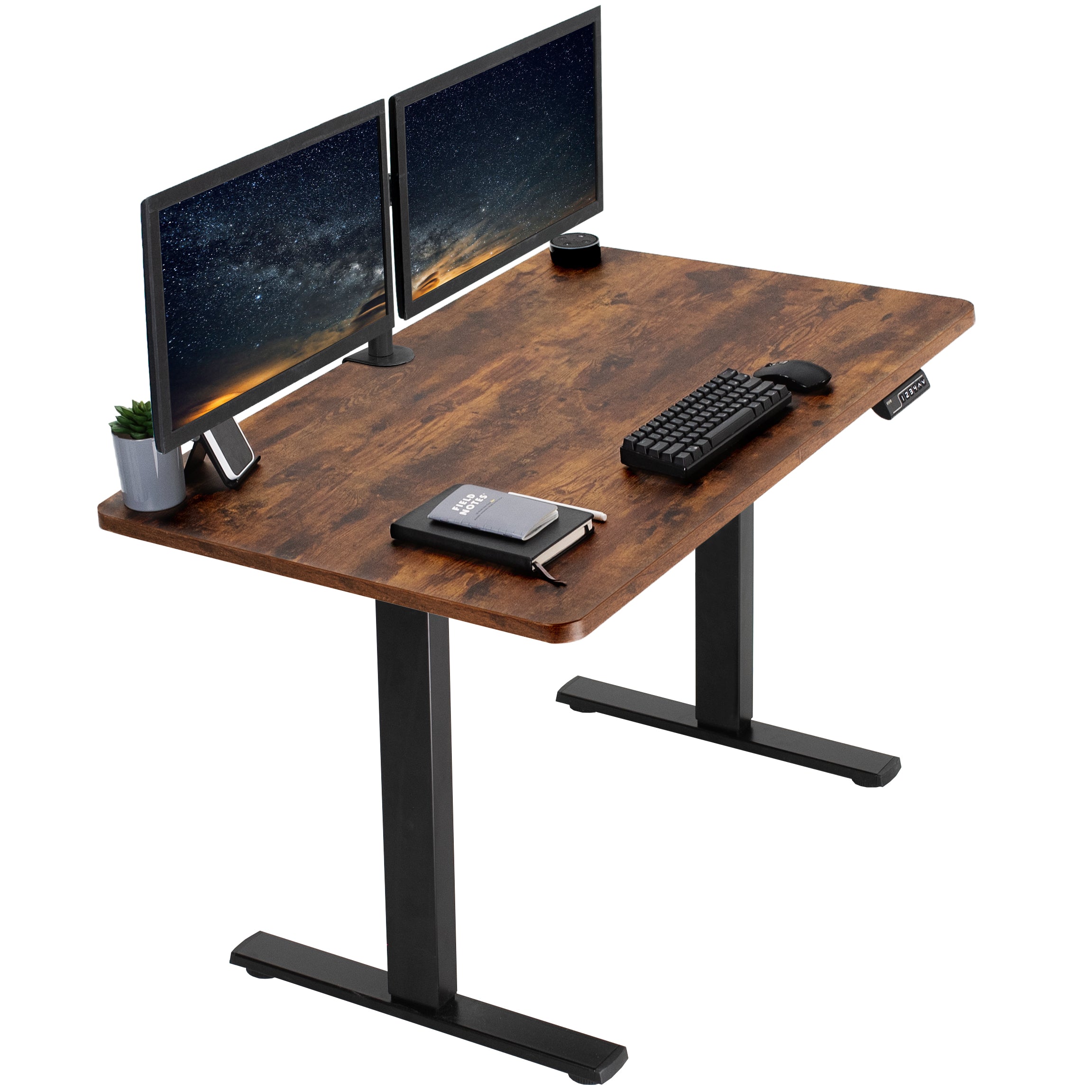 Rustic, sturdy ergonomic sit or stand active desk workstation with adjustable height using smart control panel.