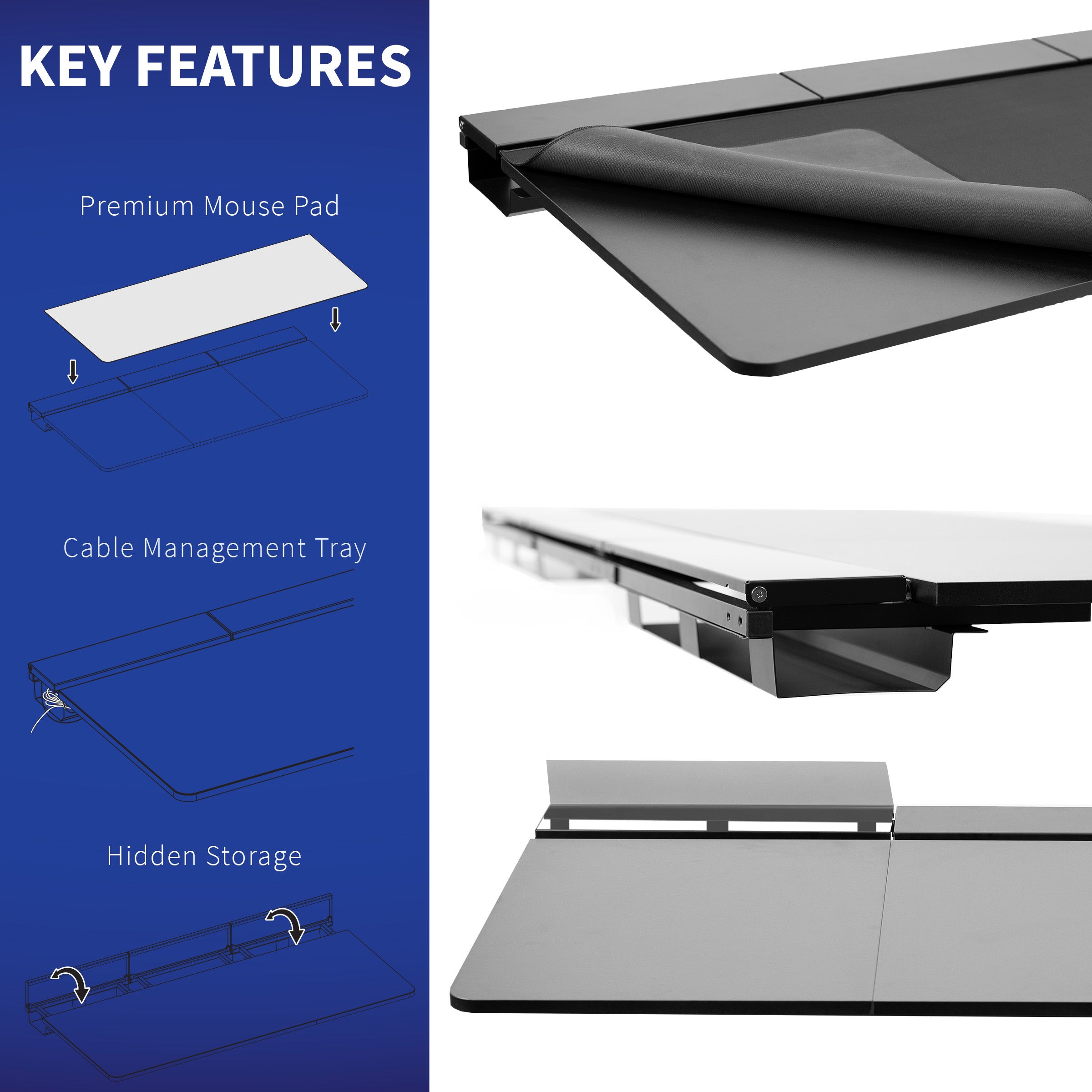 Black Table Top with Built-In Concealed Cable Trays, Complete Active Corner Standing Workstation