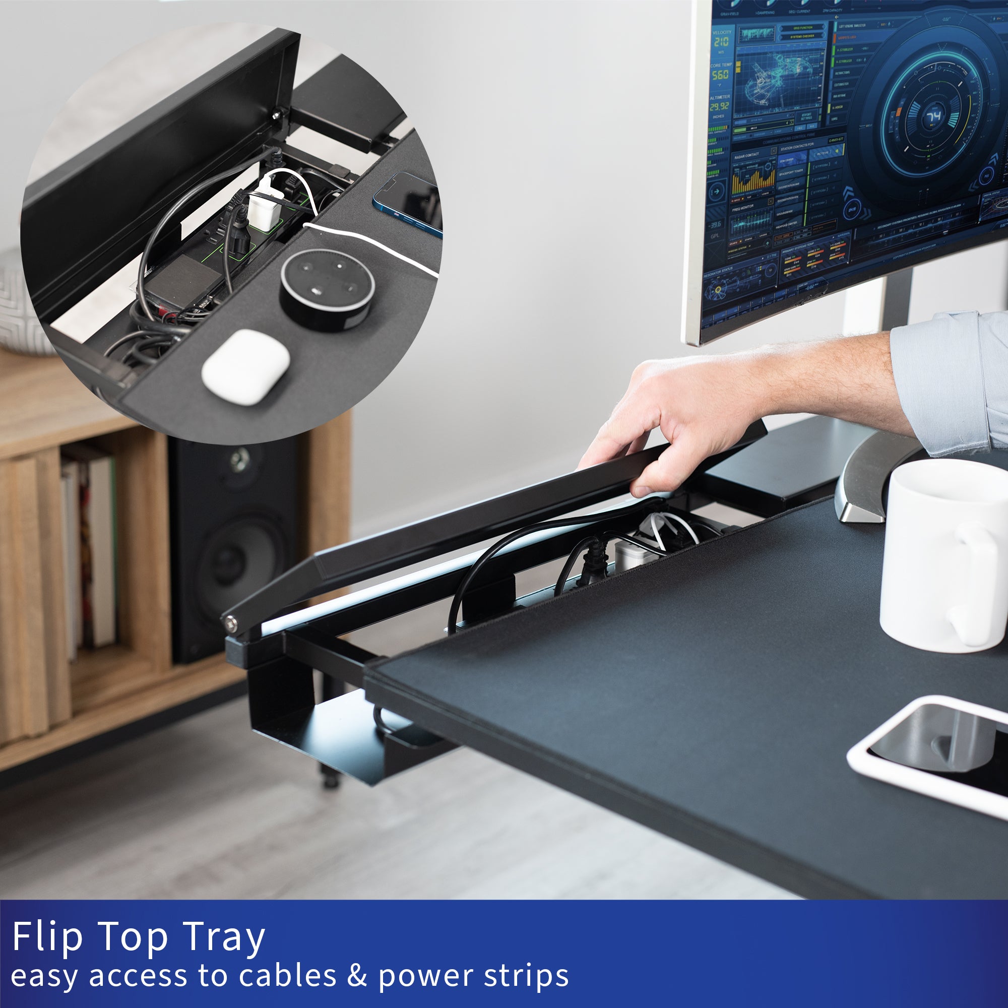 Black Table Top with Built-In Concealed Cable Trays, Complete Active Corner Standing Workstation