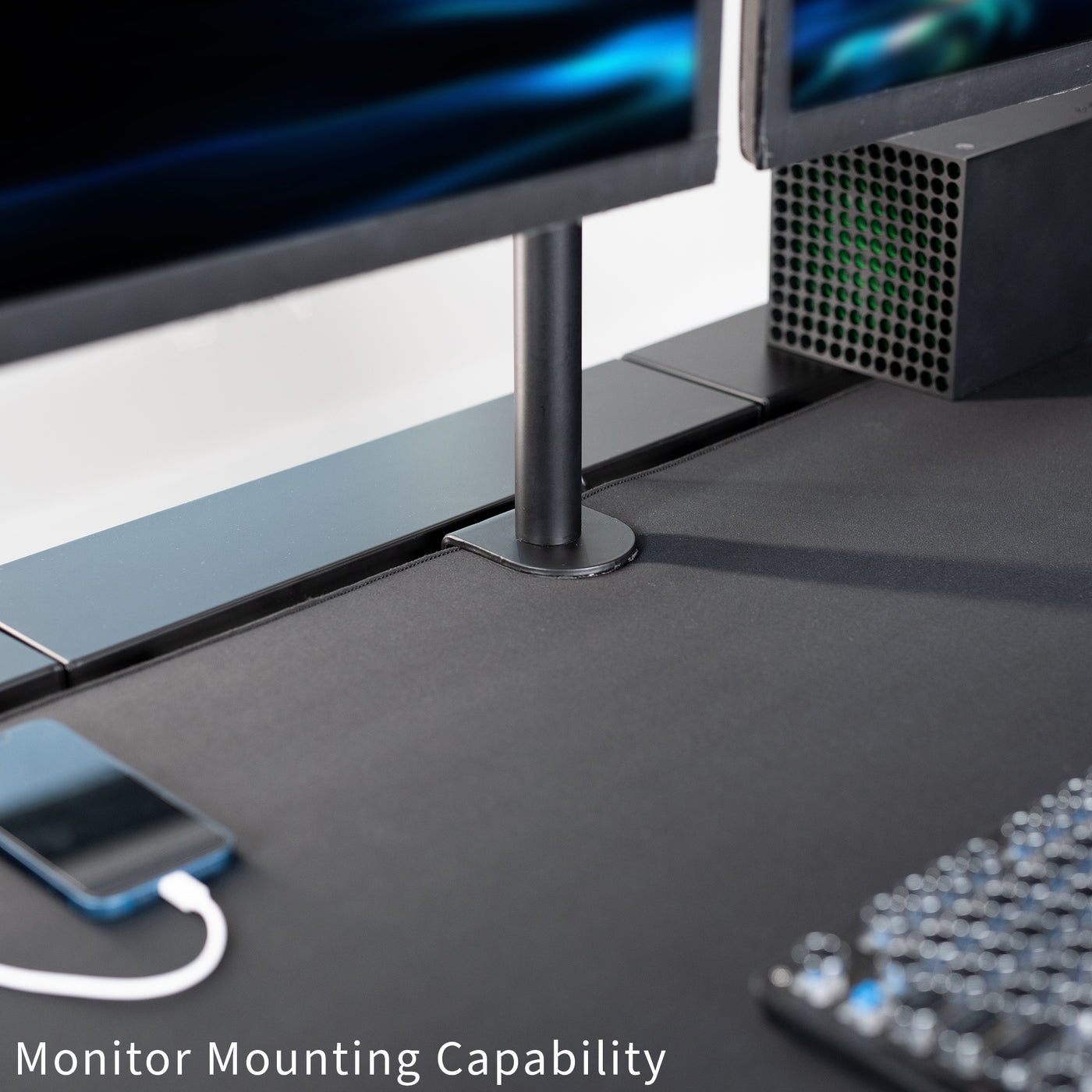 Black Table Top with Built-In Concealed Cable Trays, Complete Active Corner Standing Workstation