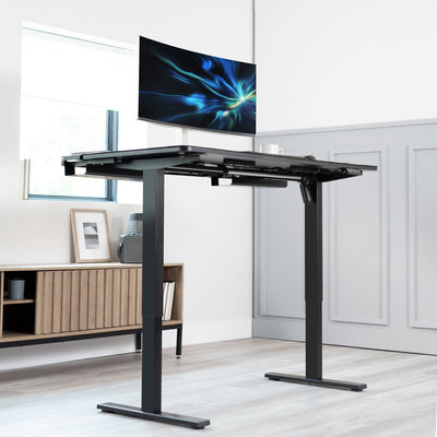 Black Table Top with Built-In Concealed Cable Trays, Complete Active Corner Standing Workstation