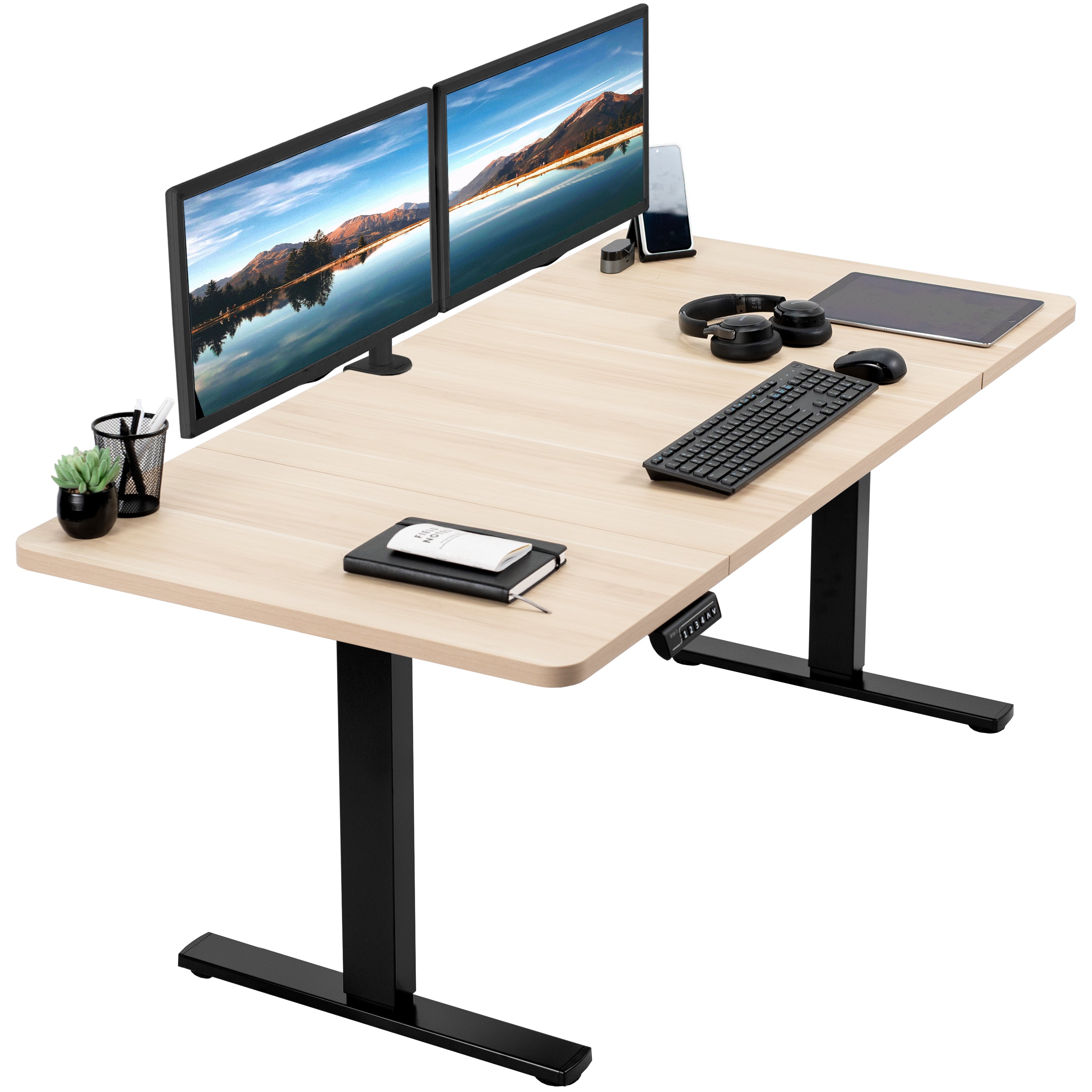 Sturdy ergonomic sit or stand active desk workstation with adjustable height using smart control panel.