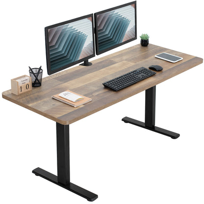 Sturdy wood plank pattern ergonomic sit or stand active desk workstation with adjustable height using smart control panel.