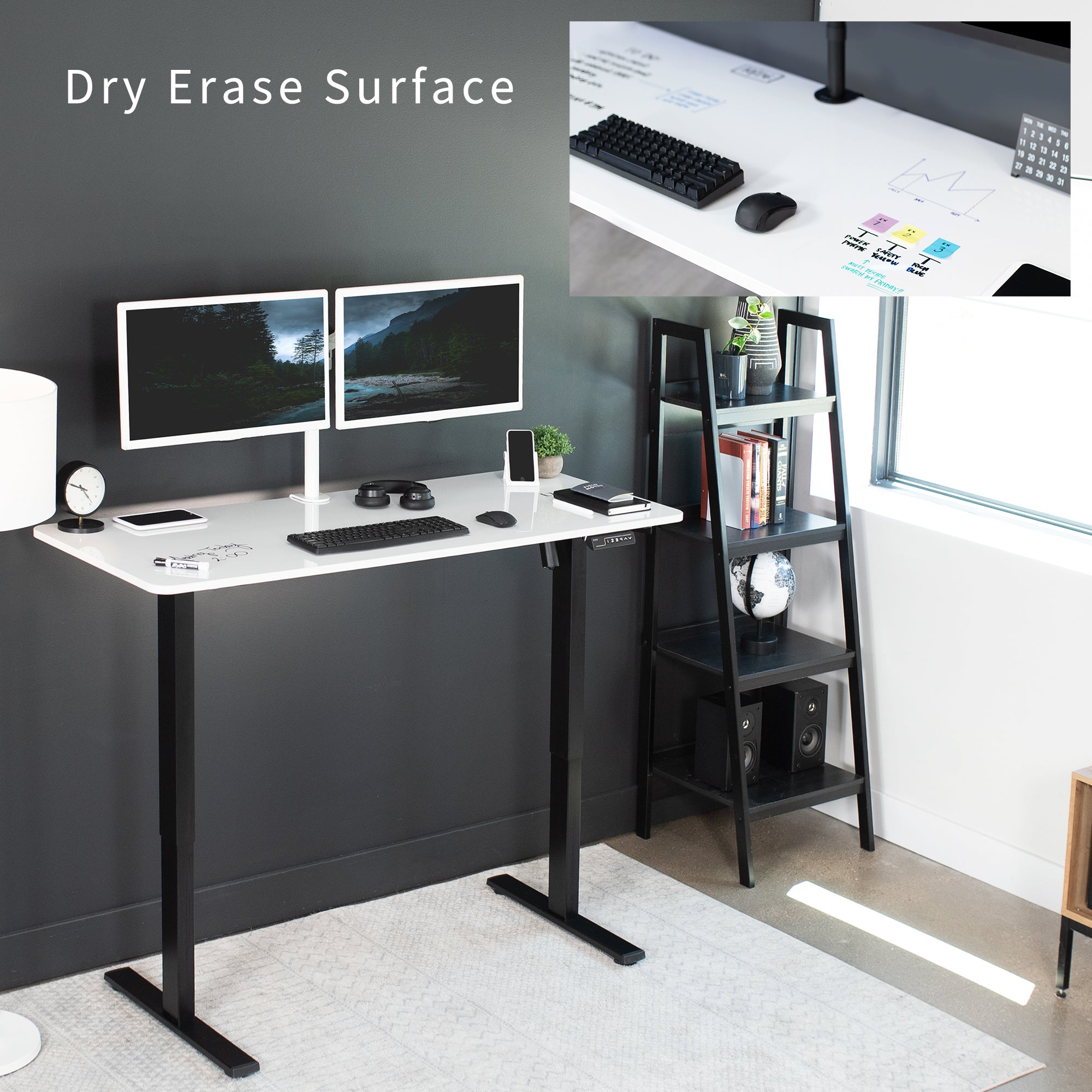 Sturdy ergonomic dry erase sit or stand active whiteboard desk workstation with adjustable height using smart control panel.