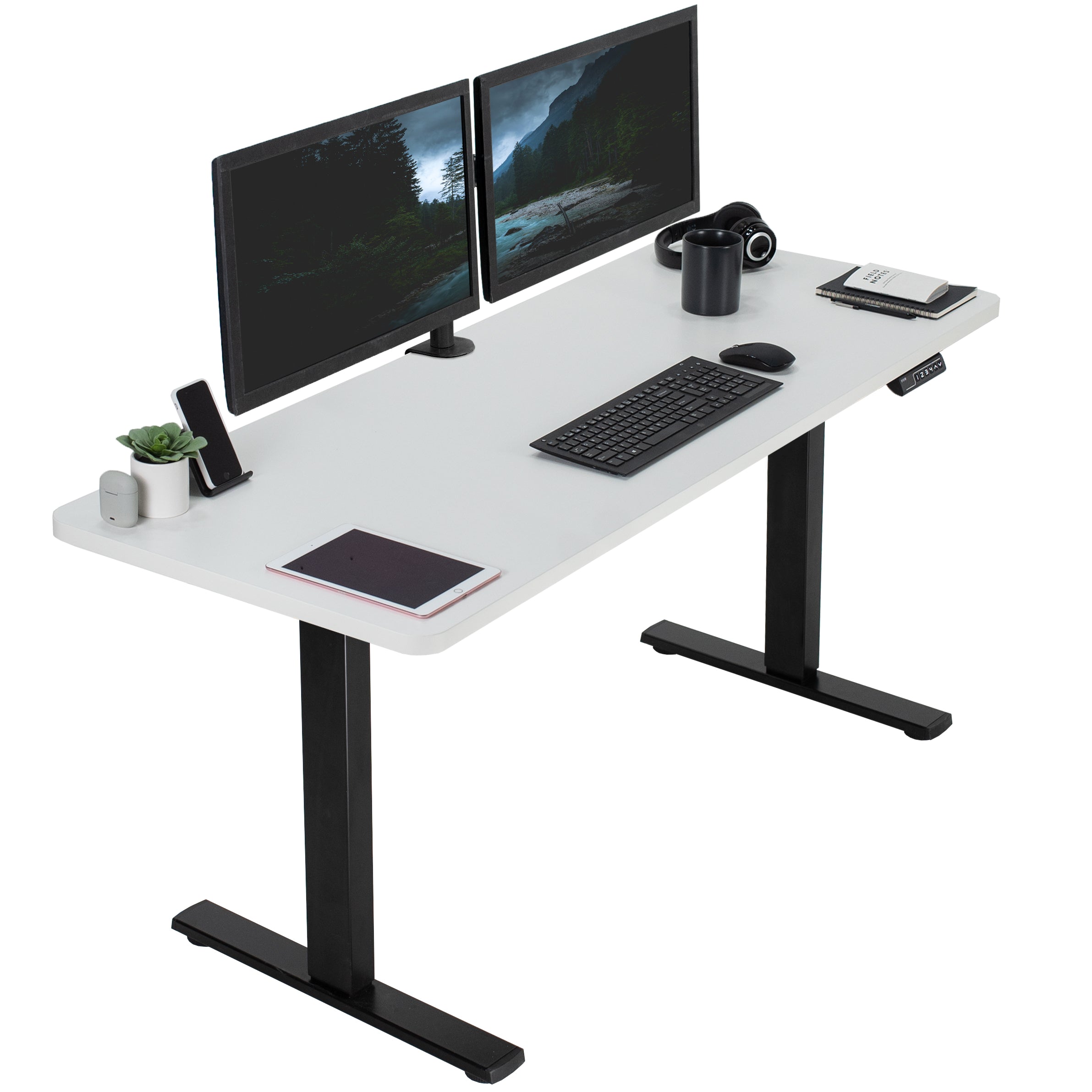 Sturdy ergonomic sit or stand active desk workstation with adjustable height using smart control panel.