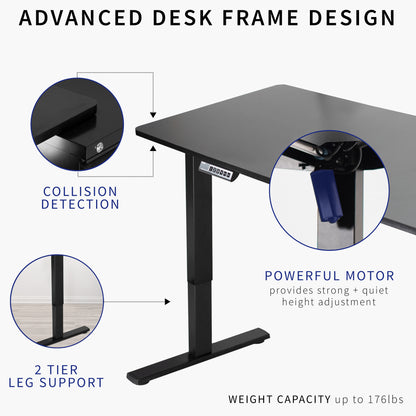 Black adjustable desk with features highlighted on a white background