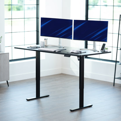 Large sturdy sit or stand modern desk with electric height adjustment options.