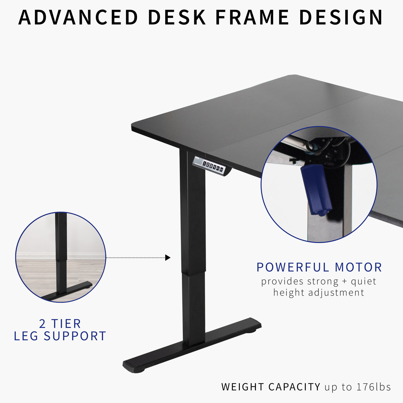 Ultra modern desk frame design with a powerful motor and sturdy leg support.