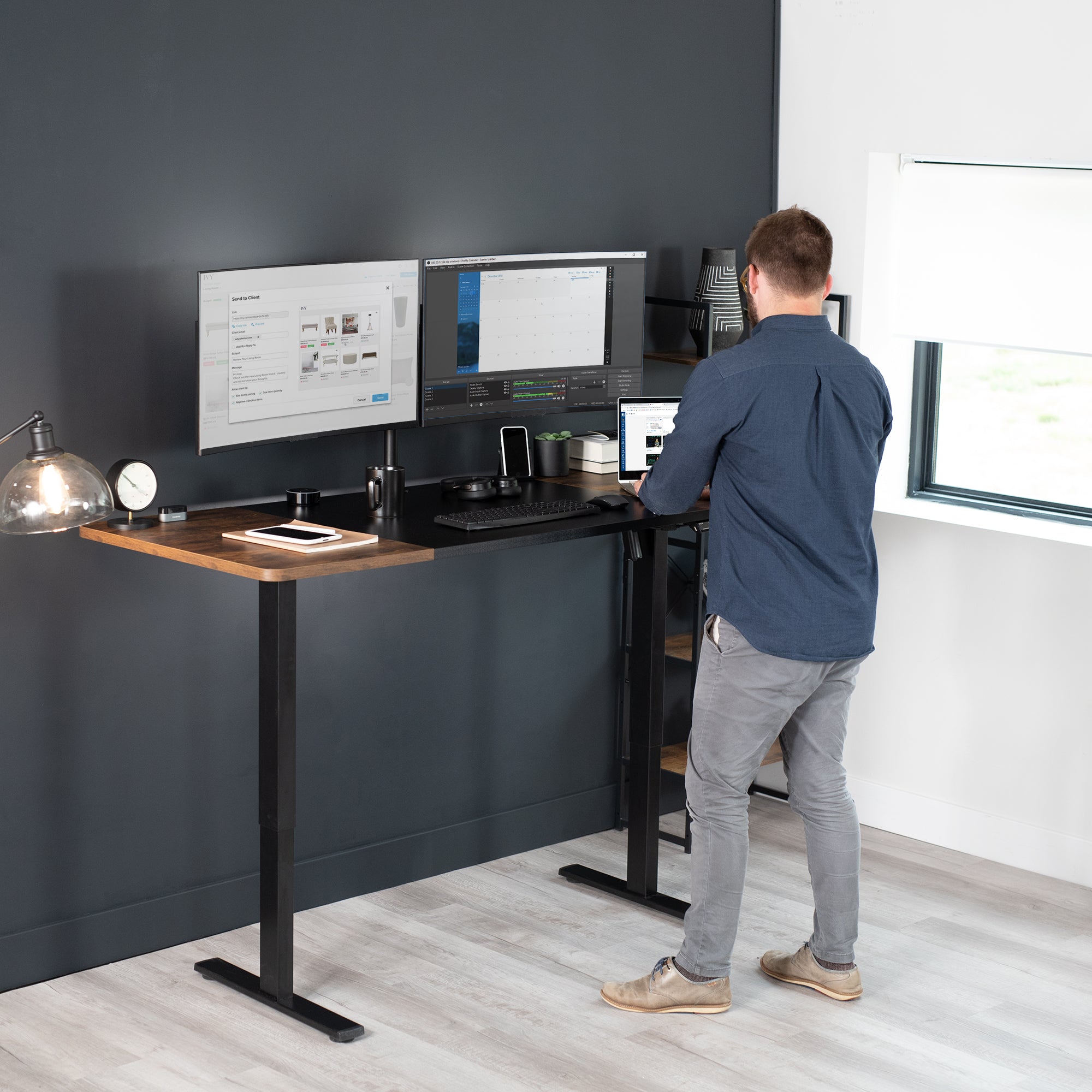 Large, rustic, sturdy sit or stand active workstation with adjustable height using smart control panel.