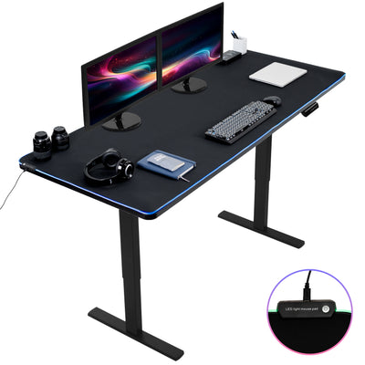 Large sturdy sit or stand active workstation with adjustable height using smart control panel featuring a full-size LED USB powered RGB pad.