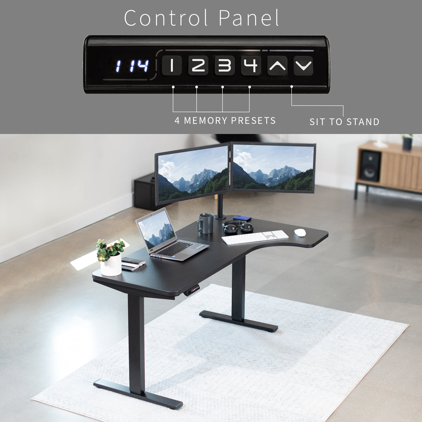Dual monitor mount placed on the back edge curve of the desk for limitless setup styles.