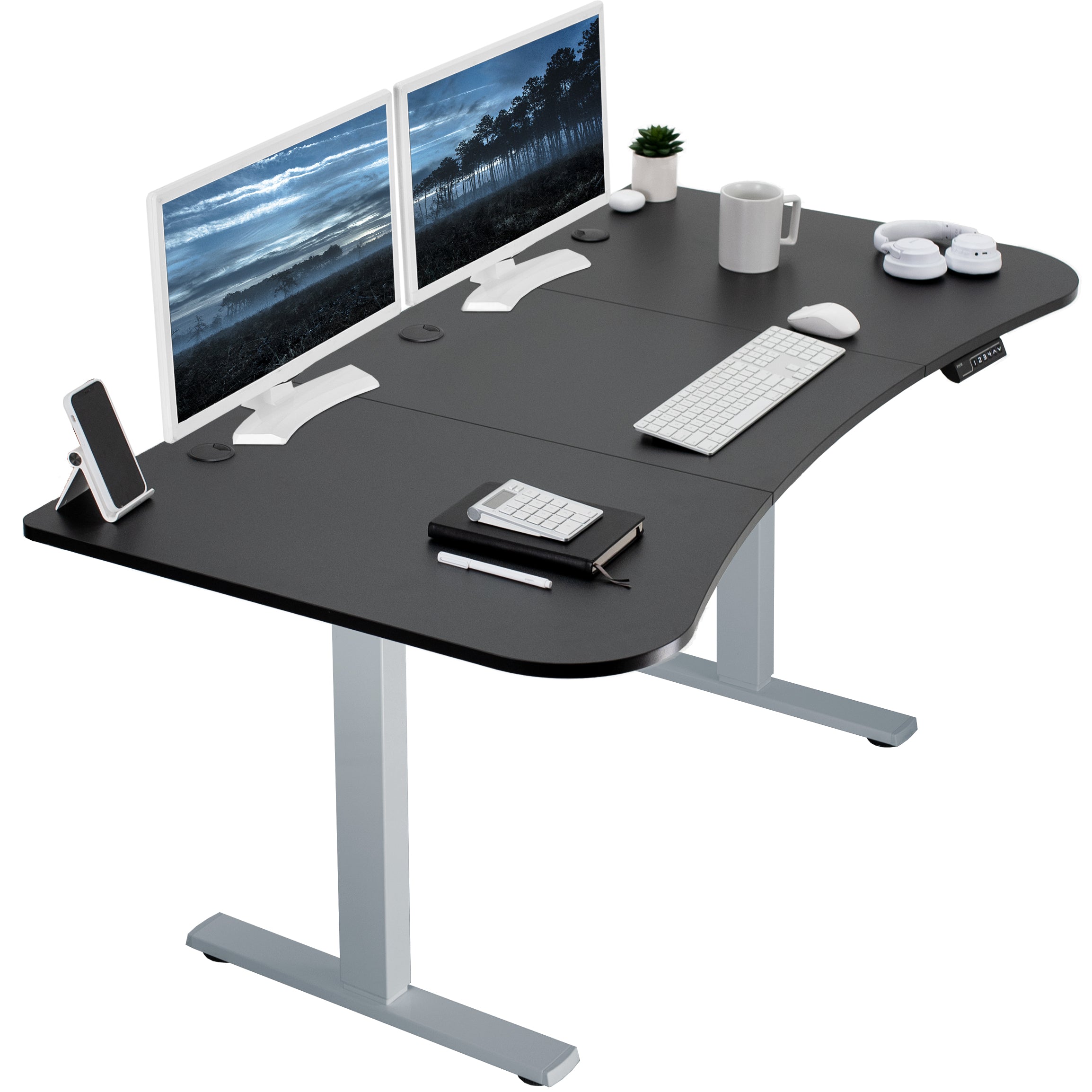 Sit to stand height adjustable electric desk with push button memory controller for ergonomic office workstation.