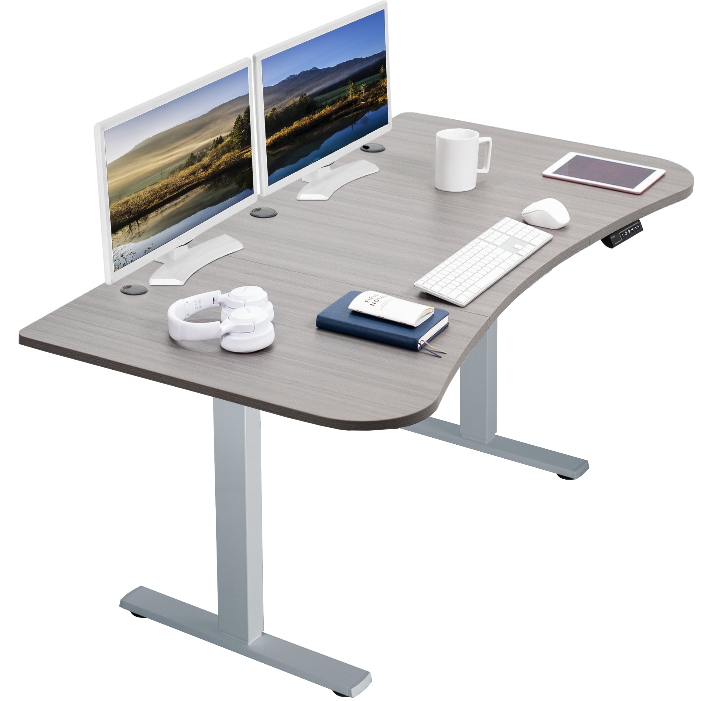 Sit to stand height adjustable electric desk with push button memory controller for ergonomic office workstation.