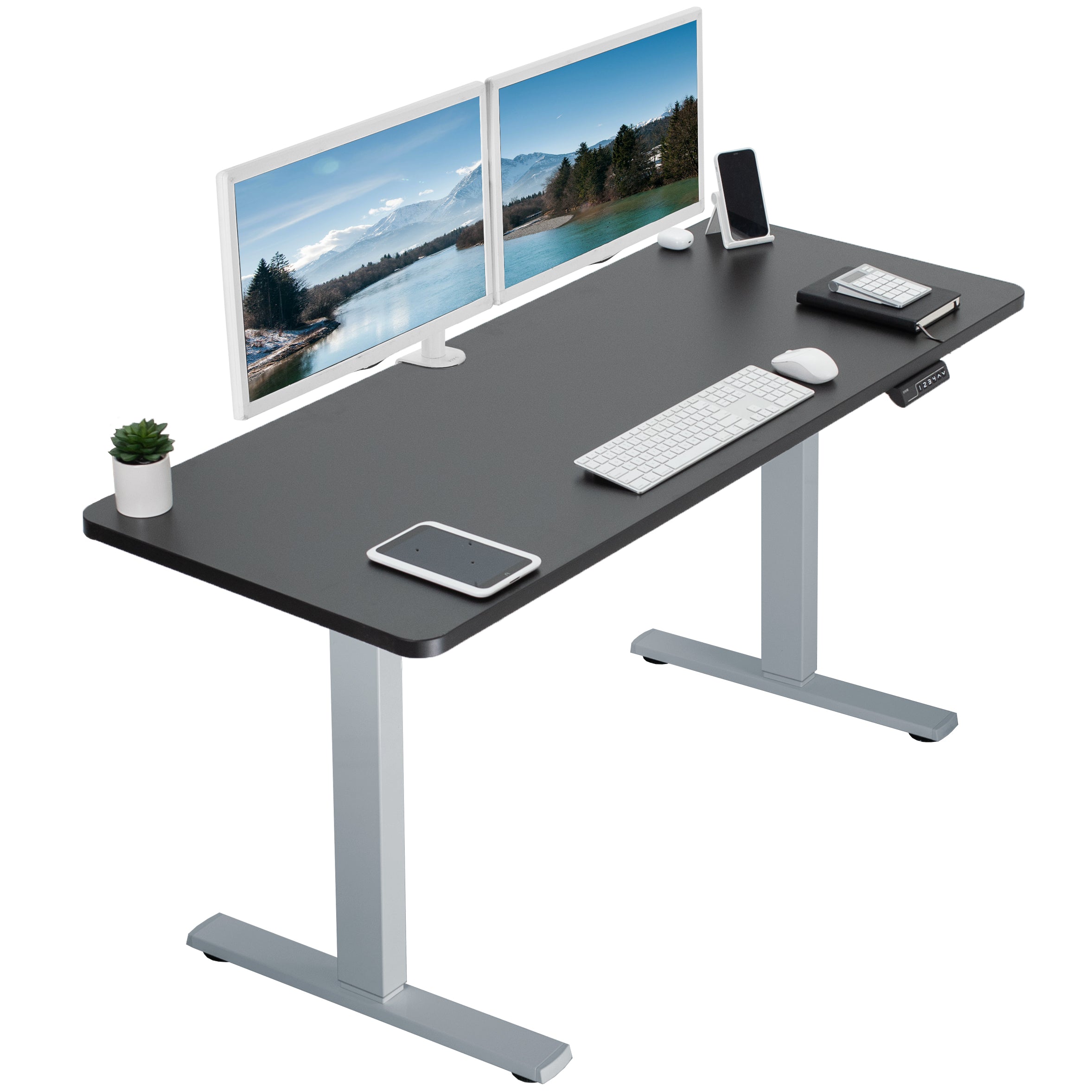 Sturdy ergonomic sit or stand active desk workstation with adjustable height using smart control panel.