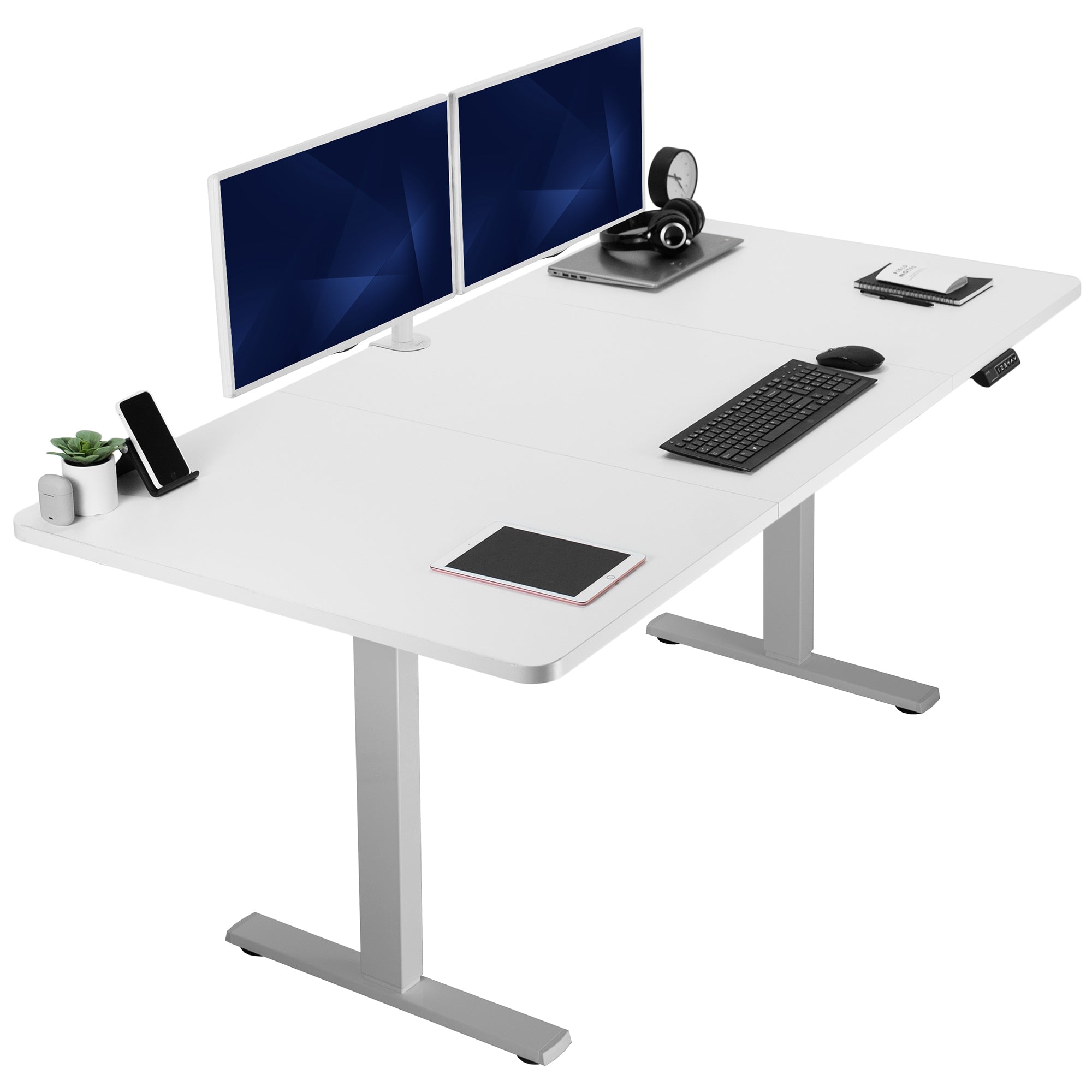 Large sturdy sit or stand modern desk with electric height adjustment options.